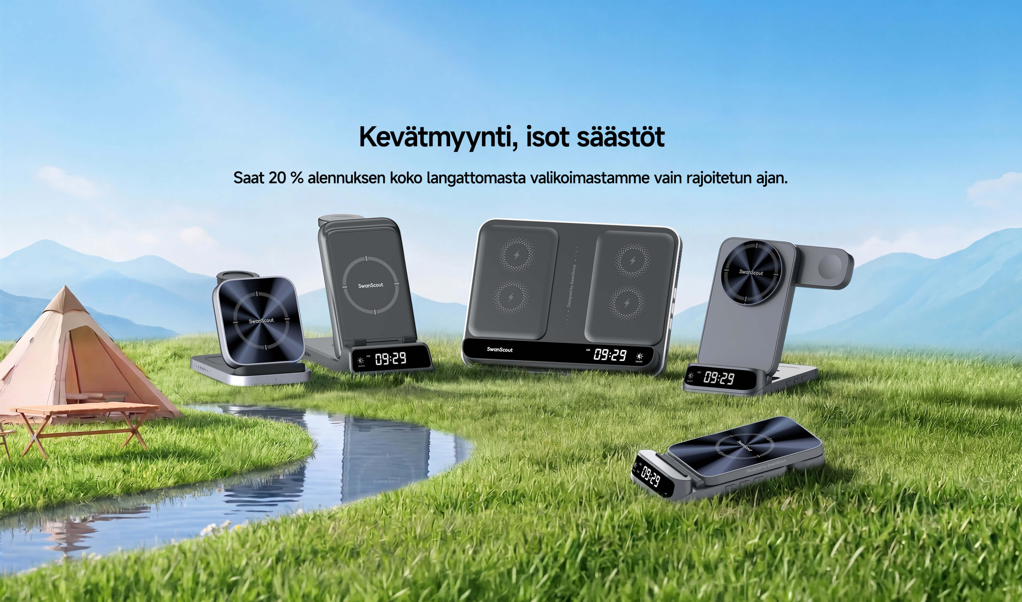 SwanScout langattomat latausasemat kevättarjous 2026 luonnollisessa maisemassa ruohon ja joen äärellä