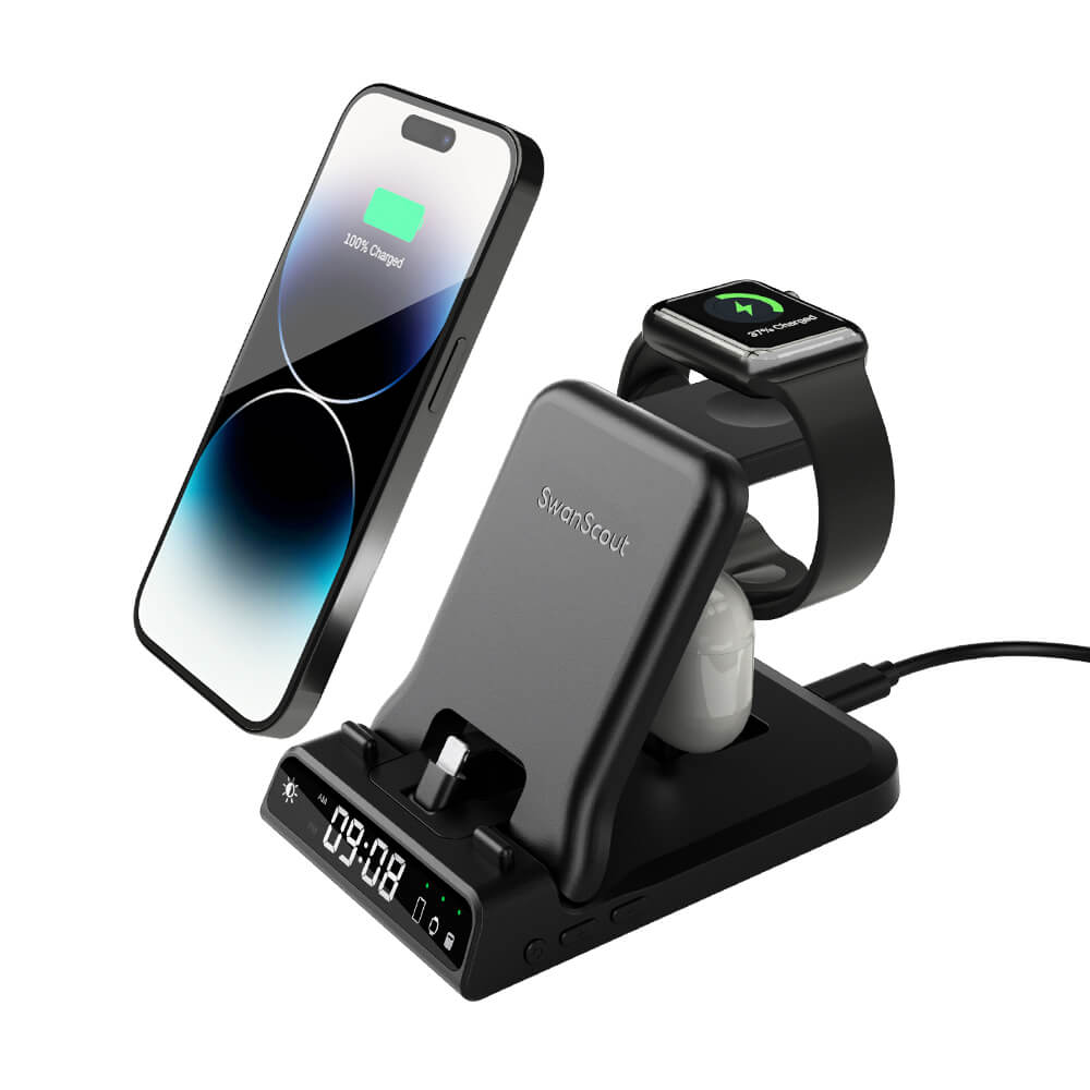 SwanScout 701A is a 3-in-1 wired fast charger compatible with Apple phones, watches, and earbuds, offering stable and efficient charging in one sleek unit.