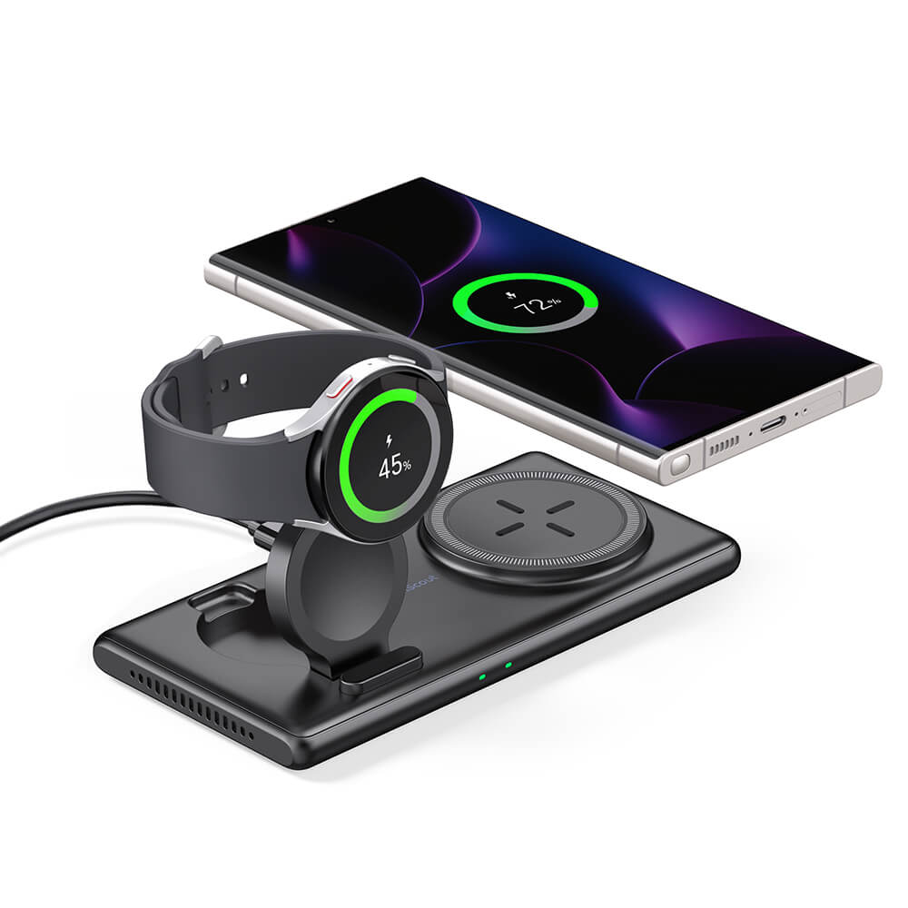 SwanScout 502S is a 2-in-1 Samsung wireless charger, featuring a foldable design for the watch, providing both convenience and functionality.