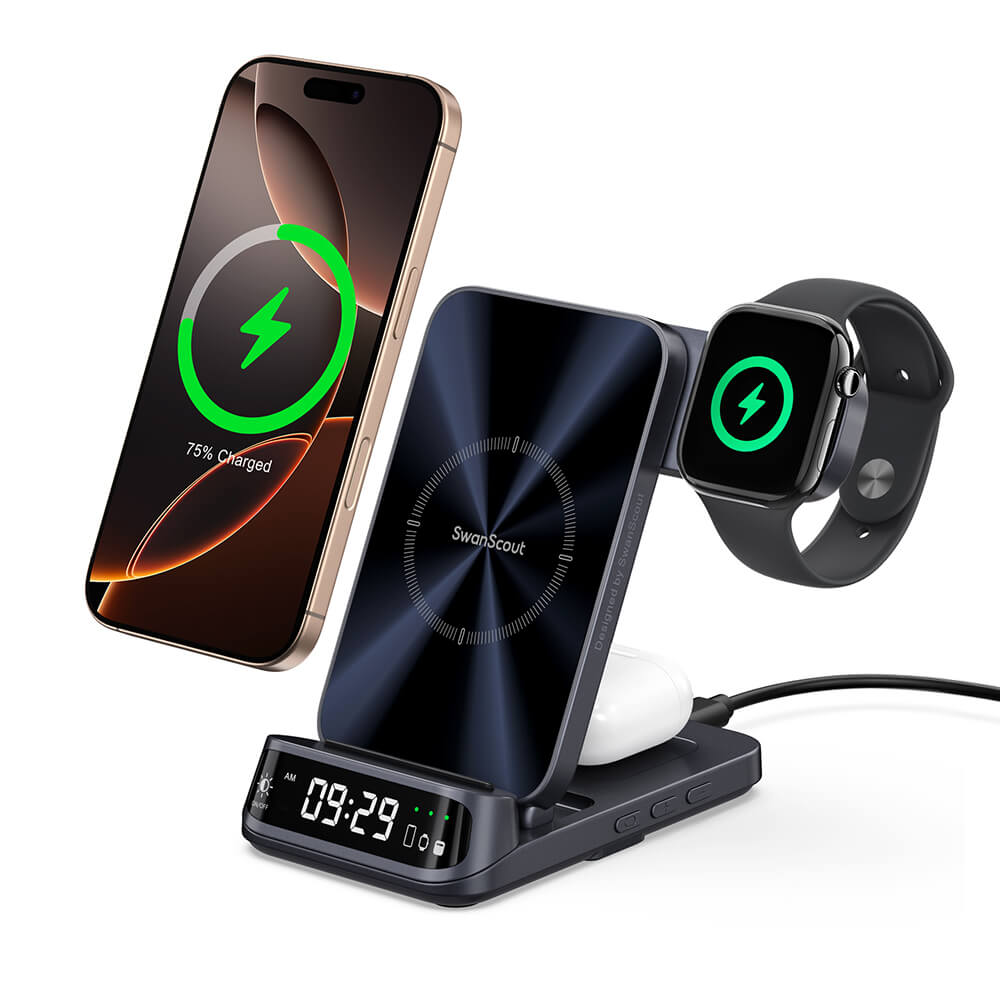 The swanscout 708A is a smart iPhone and Apple Watch charging station built for users who demand organized elegance.
