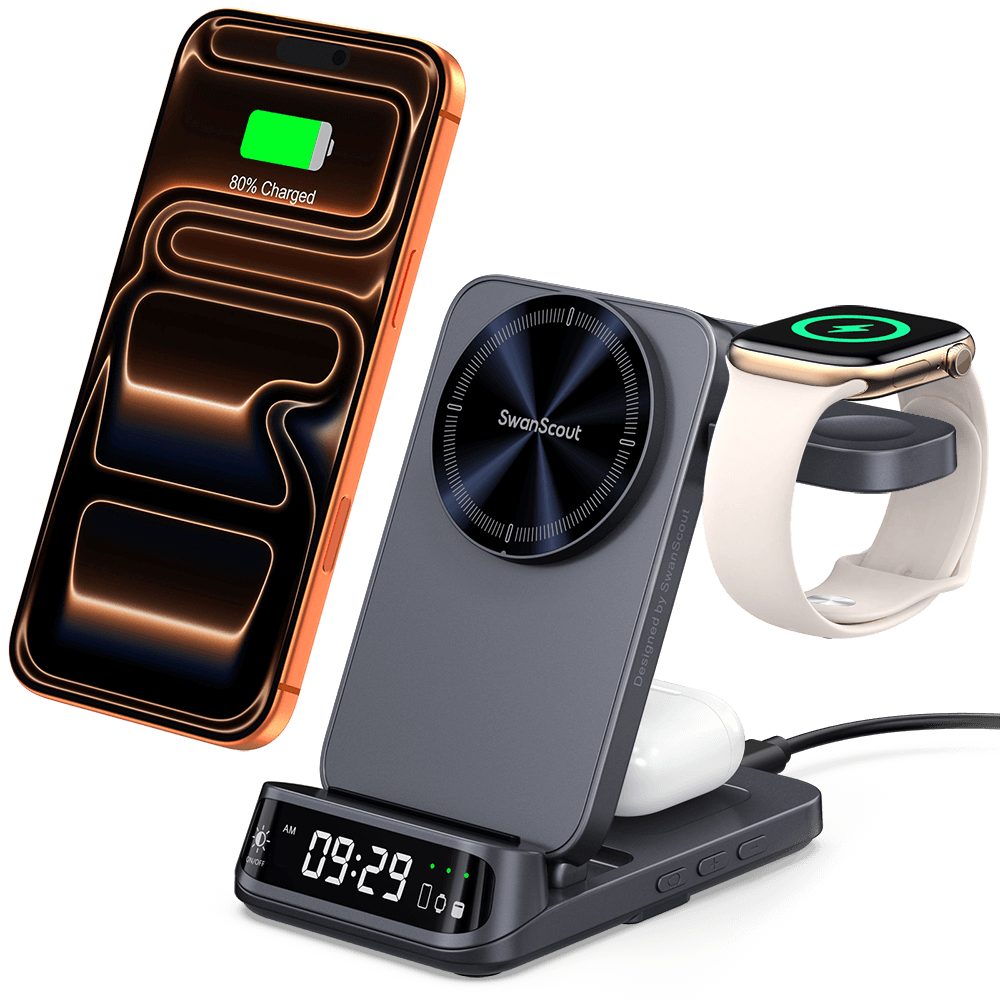 The swanscout 708M combines elegance and speed with fast wireless charging for iPhone and Apple Watch.
