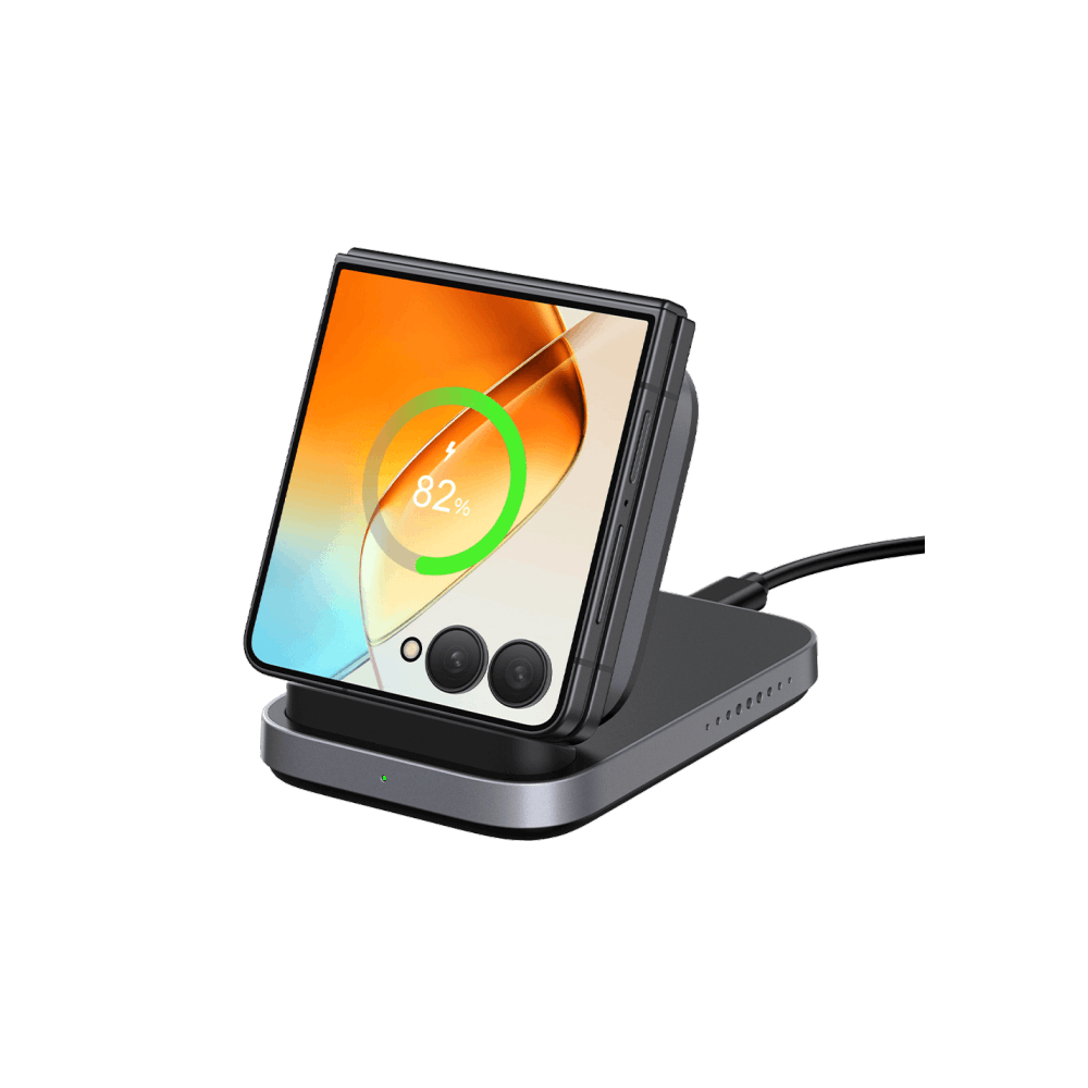 SwanScout 508F wireless charging stand powering a Samsung Galaxy Z Flip 7, optimized for both folded and upright charging modes.