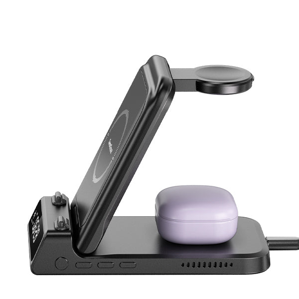 SwanScout 703F focusing on the dedicated wireless charging pad for Galaxy Buds, while the digital clock shows adjustable brightness settings.
