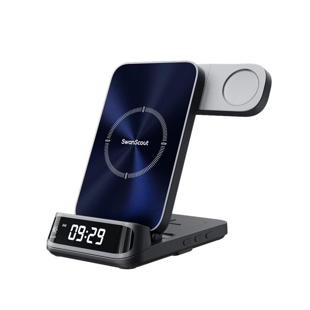 Front view of unfolded SwanScout 708S Samsung Galaxy wireless charger showing clock and charging pads