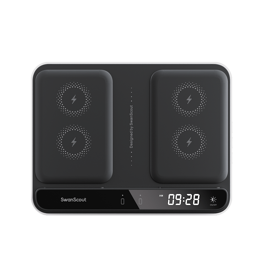 Front view of SwanScout 504F highlighting the dual charging pads for phones and earbuds, plus a touch-controlled clock with 4 brightness levels
