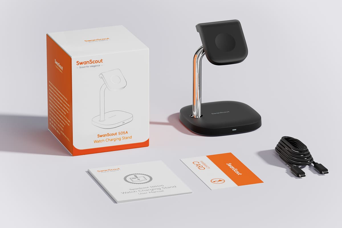 SwanScout 505A package contents with charger cable user manual and warranty card