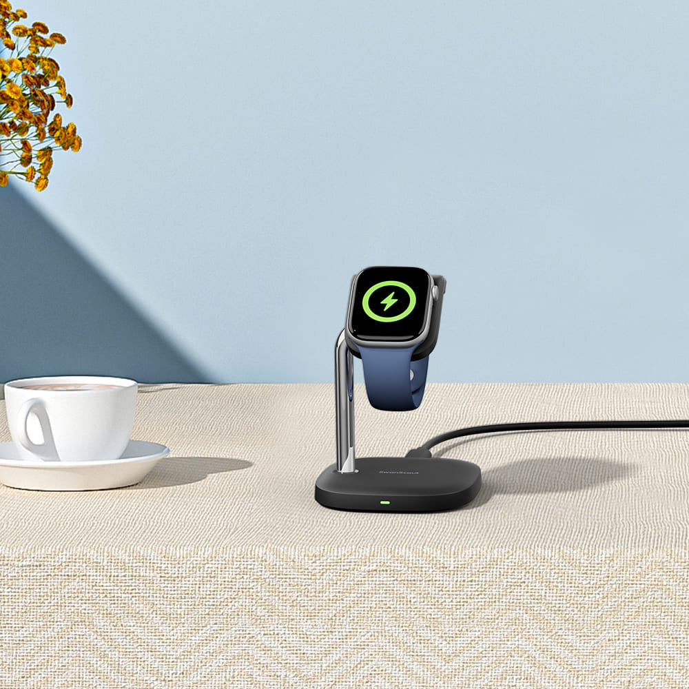 Apple Watch charging stand on a coffee table for convenient home charging SwanScout 505A