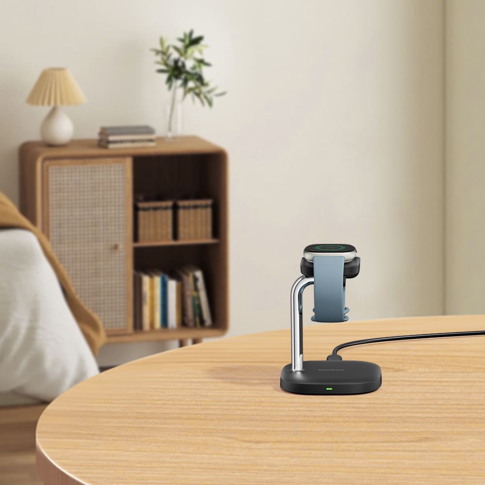 Fitbit smartwatch charging stand in a bedroom for convenient overnight charging SwanScout 505FB