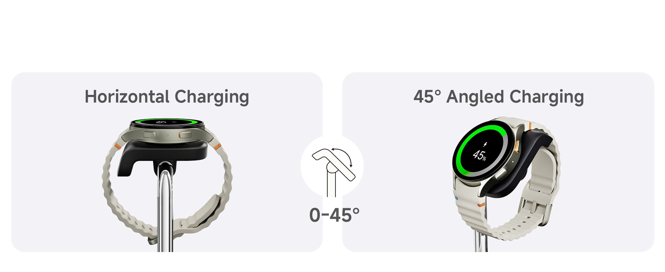 Adjustable 0 to 45 degree angle for horizontal or tilted Galaxy Watch charging on the SwanScout 505S