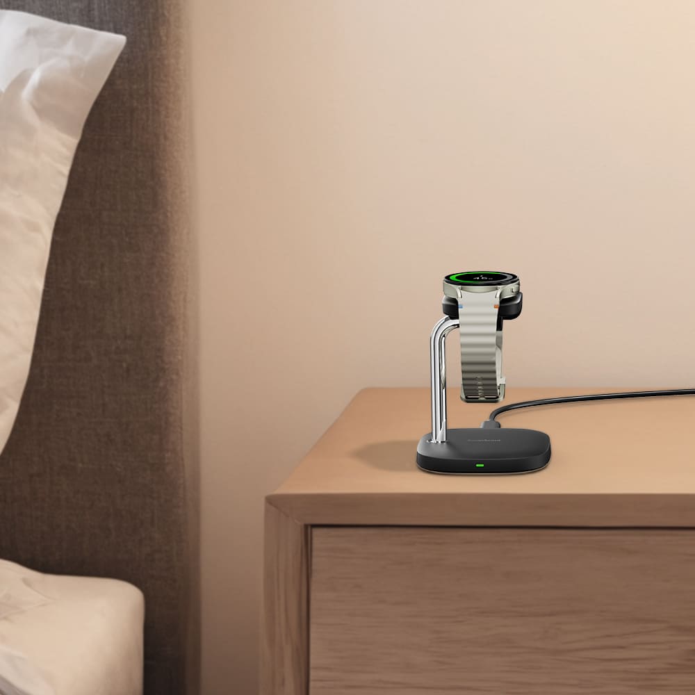 Galaxy Watch charging stand on a bedside nightstand for convenient overnight charging SwanScout 505S