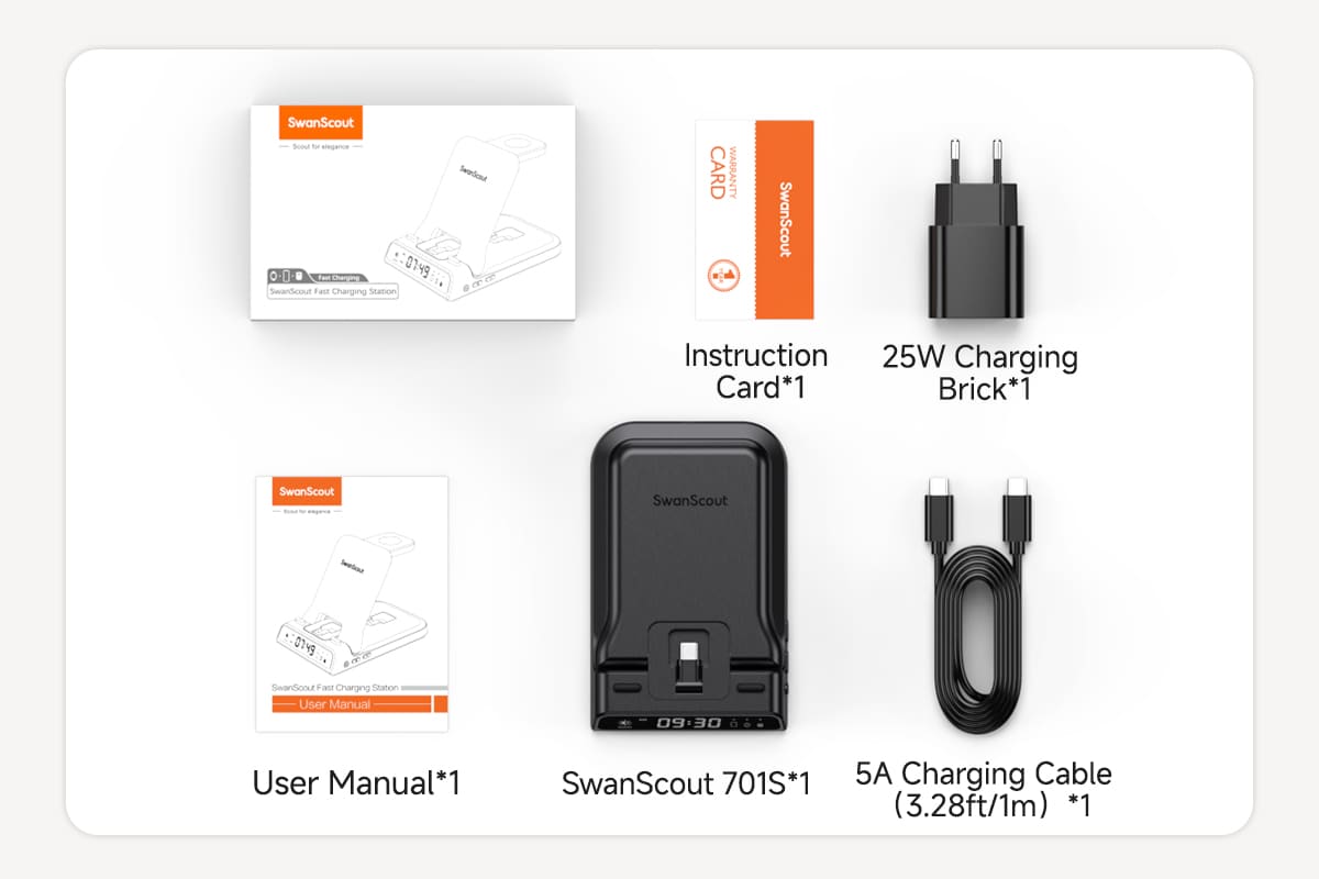 SwanScout 701S package includes 25W power adapter charging cable user manual and warranty card