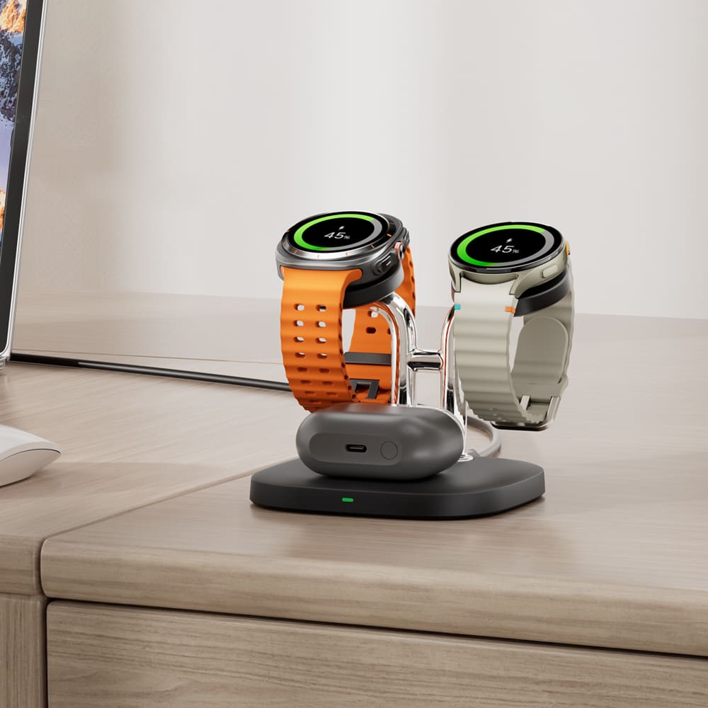 SwanScout 704S charging station for Galaxy Watches and Galaxy Buds on a bedside table