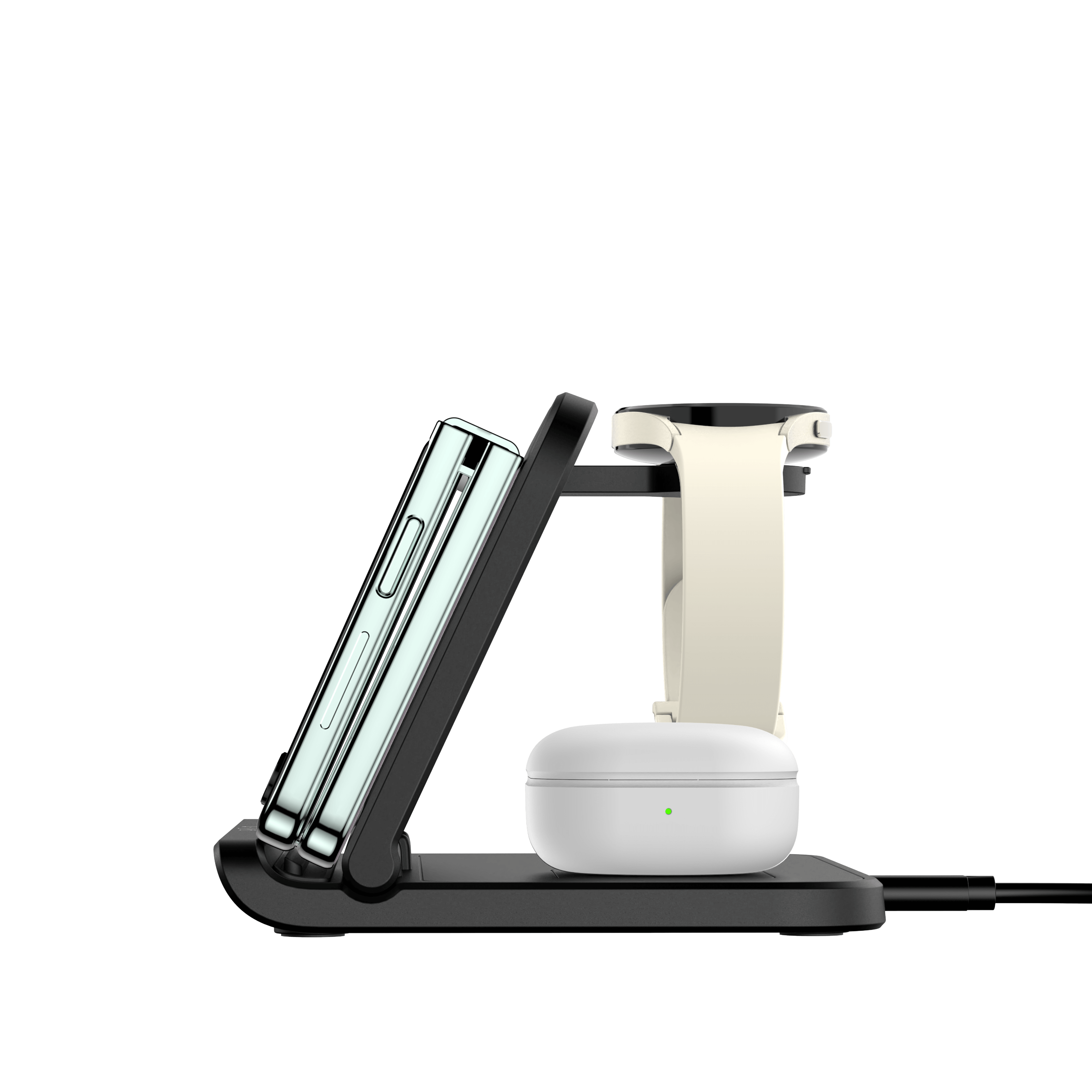 Right-side profile of Galaxy Z Flip 7 charging on the SwanScout 705S, highlighting the precise coil alignment for optimized power delivery