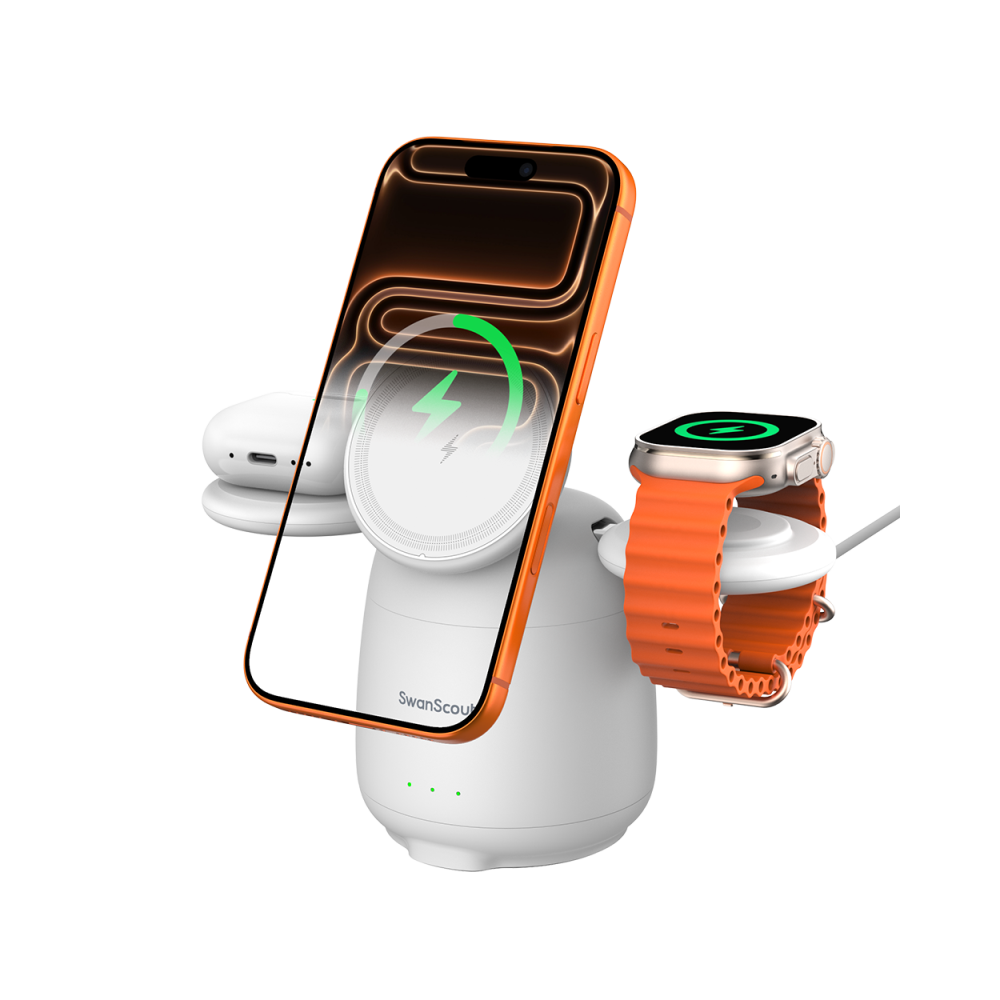 White SwanScout 707M charging station powering an iPhone 17 Pro Max, Apple Watch 10, and AirPods Pro with a sleek glossy finish