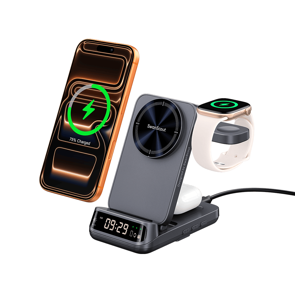 SwanScout 708M-25W - Chargeur sans fil magnétique rapide 3-en-1 25W pour appareils Apple