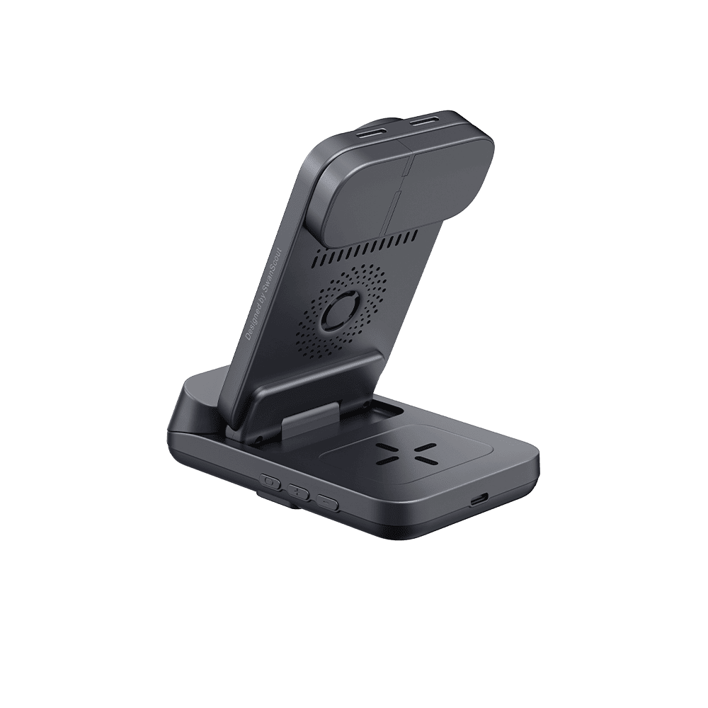 SwanScout 708M 25W magnetic wireless charger for Apple devices, shown from back left view, with sleek charging station design.