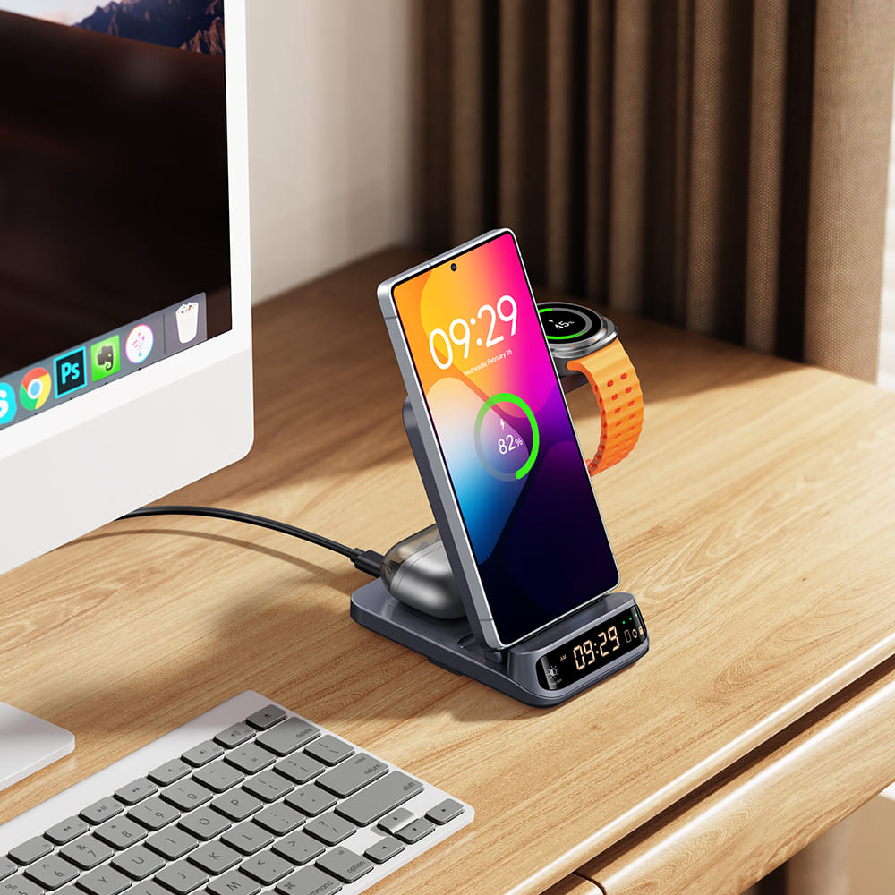 3-in-1 wireless charger with clock for an organized office desk setup SwanScout 708S