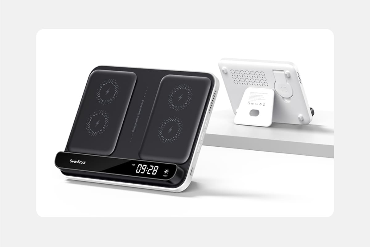 Black and white two-tone minimalist design of the SwanScout 710G2 charging station