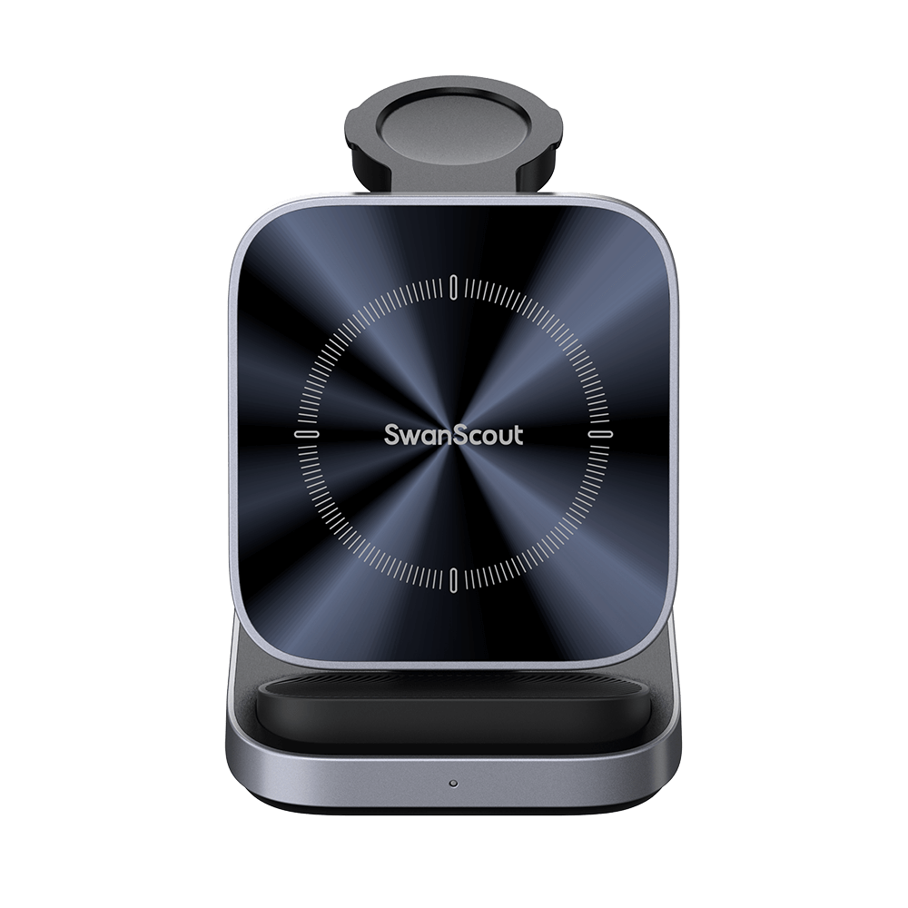 Front view of SwanScout 713S showing the clean, organized layout for Samsung phones, Galaxy Watch, and wireless earbuds