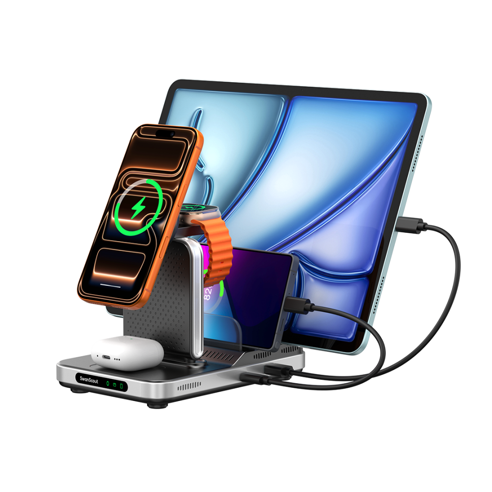 SwanScout 901M 5-in-1 magnetic charging station with 60W output, simultaneously powering iPhone 17, Apple Watch 10, AirPods, and an iPad