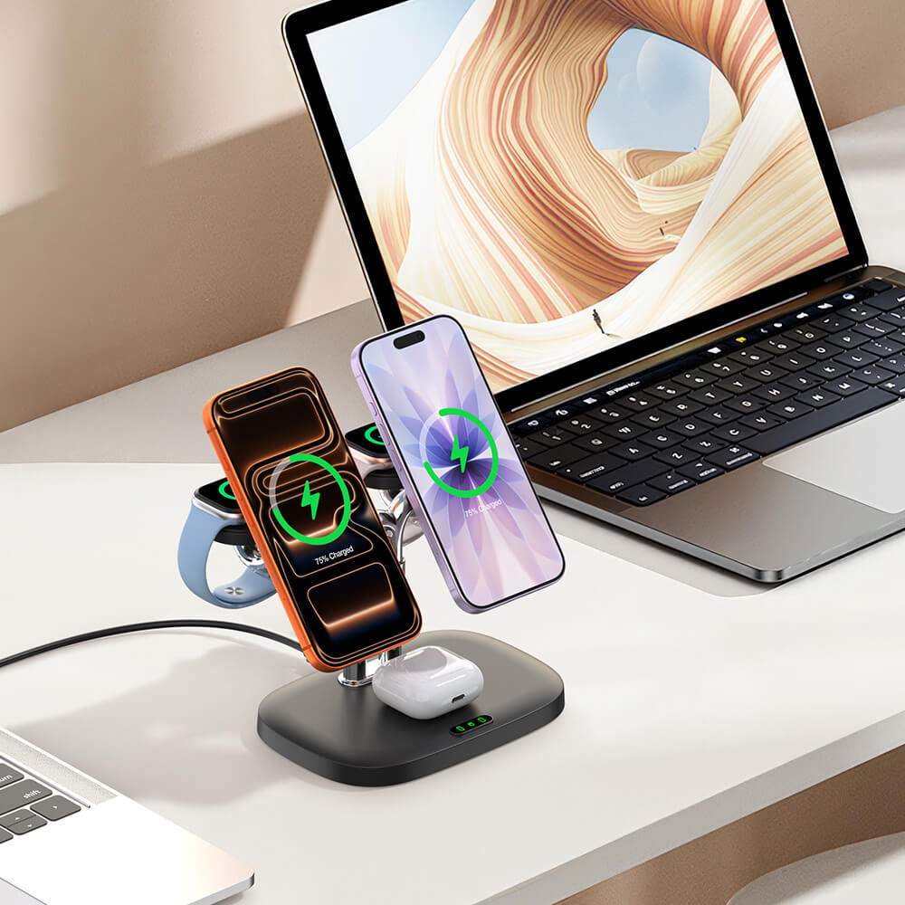 SwanScout 902M wireless charger in office desk setup with phone watch and earbuds