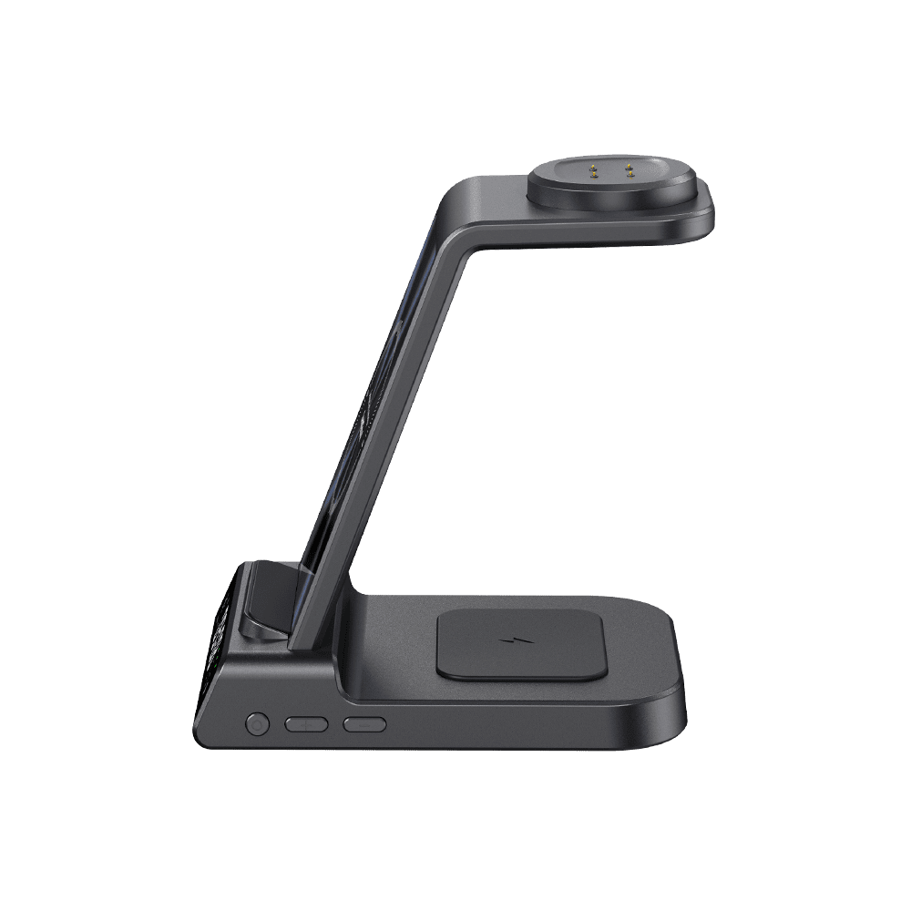 SwanScout C01FB 3-in-1 wireless charger stand for Fitbit watch showing sleek black design with charging ports and device support