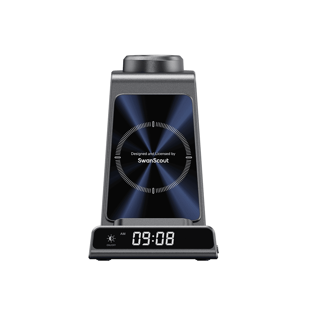 3 in 1 wireless charging station with dimmable clock display for Huawei Watch SwanScout C01HW