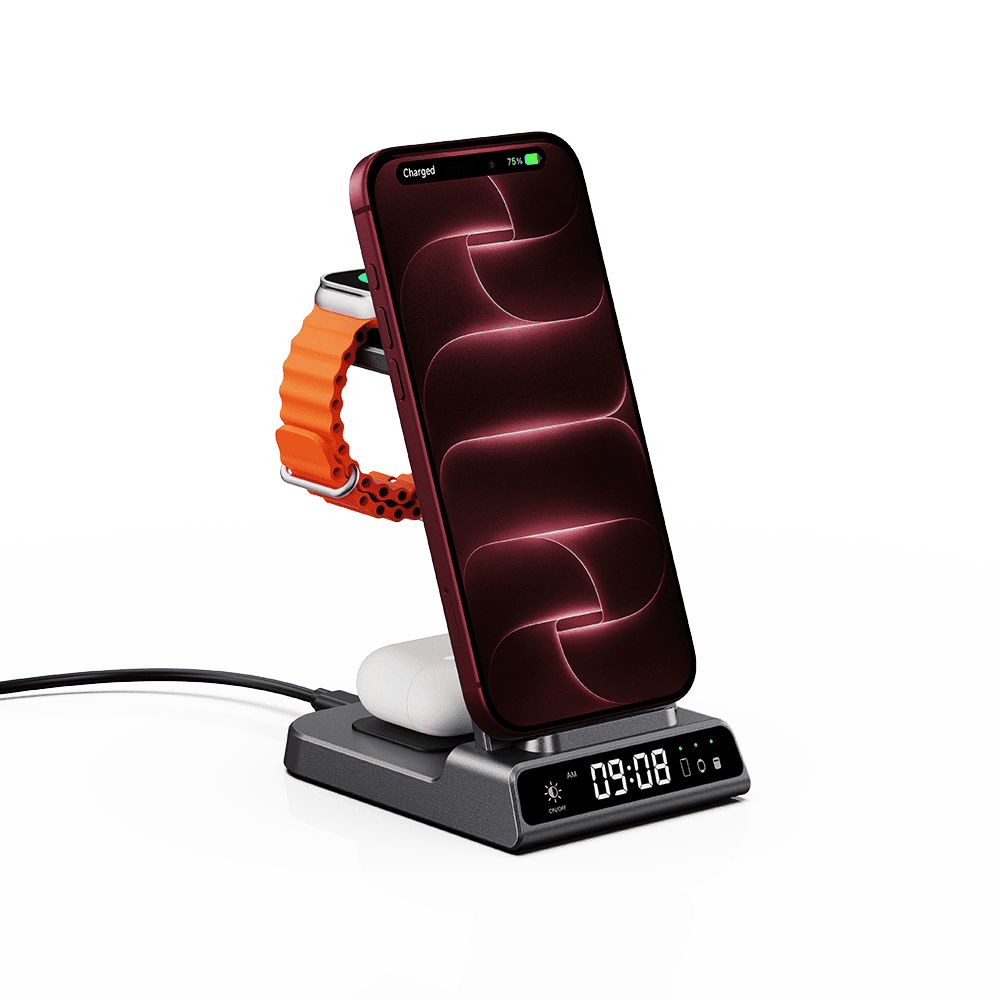 3-in-1 wireless charging pad holding iPhone 18 Pro Max SwanScout C02A