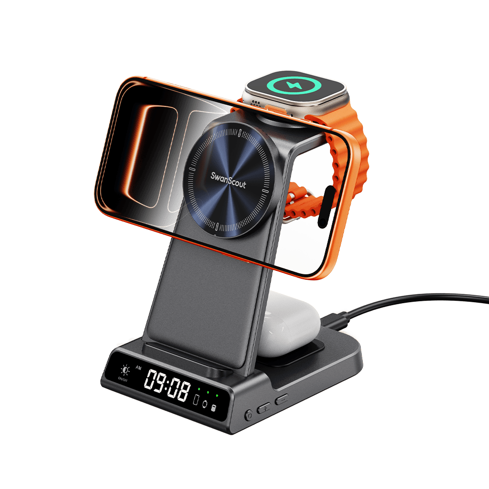 SwanScout C02M 3-in-1 magnetic charging station for Apple, wireless charger for iPhone 15, 14, 13, and MagSafe compatible.