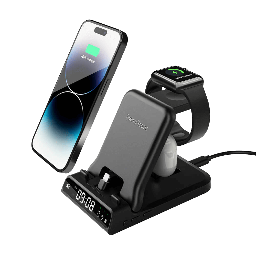 SwanScout 701A is a 3-in-1 wired fast charger compatible with Apple phones, watches, and earbuds, offering stable and efficient charging in one sleek unit.