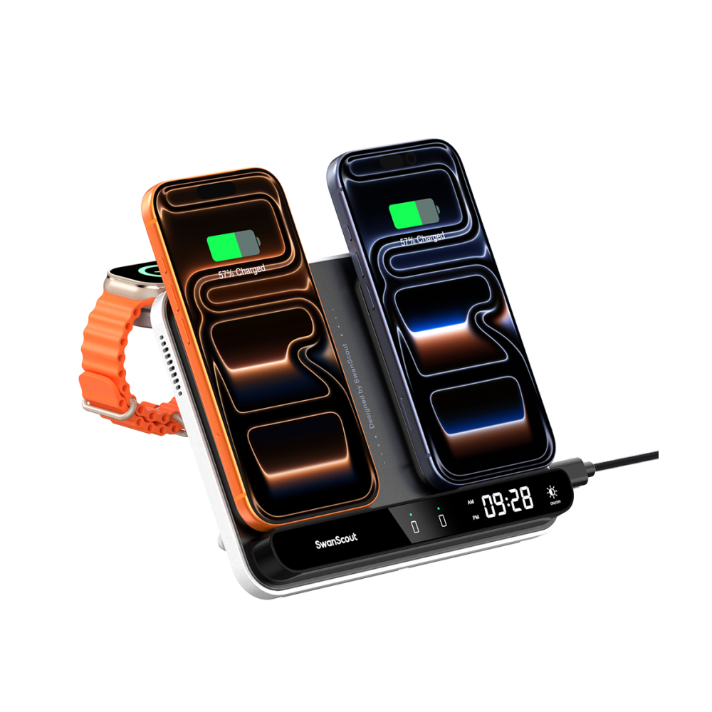 SwanScout 710A - Carregador Sem Fio para Dois Telefones e Um Relógio para Apple