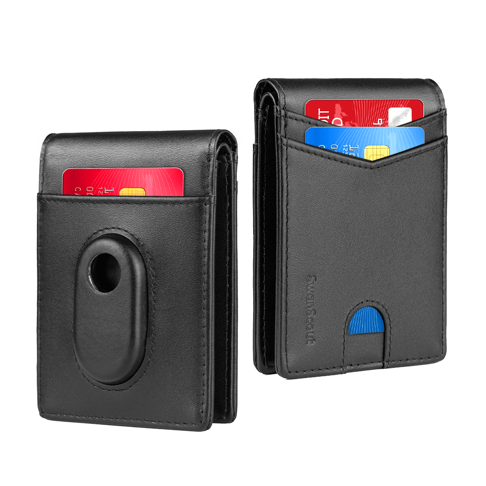 Professional black SwanScout 107S wallet with built-in Samsung SmartTag2 holder, featuring RFID protection for 8 cards and ID storage.