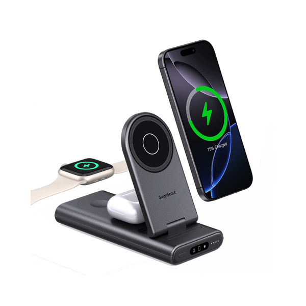 SwanScout 301M 10000mAh 3-in-1 magnetic power bank charging iPhone, Apple Watch, and AirPods