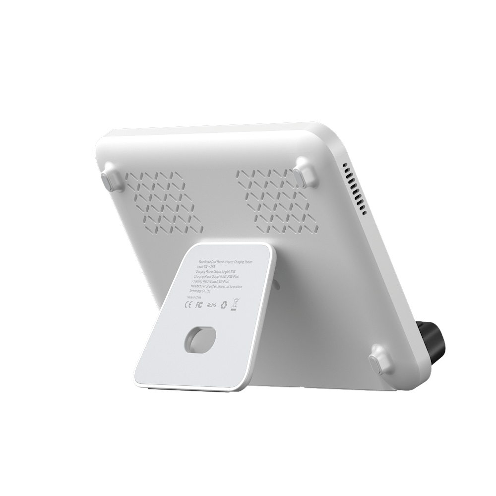 Rear-right view of SwanScout 504F, emphasizing the included 30W power adapter for efficient 10W wireless output per device.