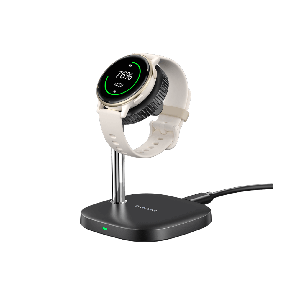 SwanScout 505GM charging stand for Garmin Forerunner 265 and 165, featuring a stable vertical dock for daily watch power.