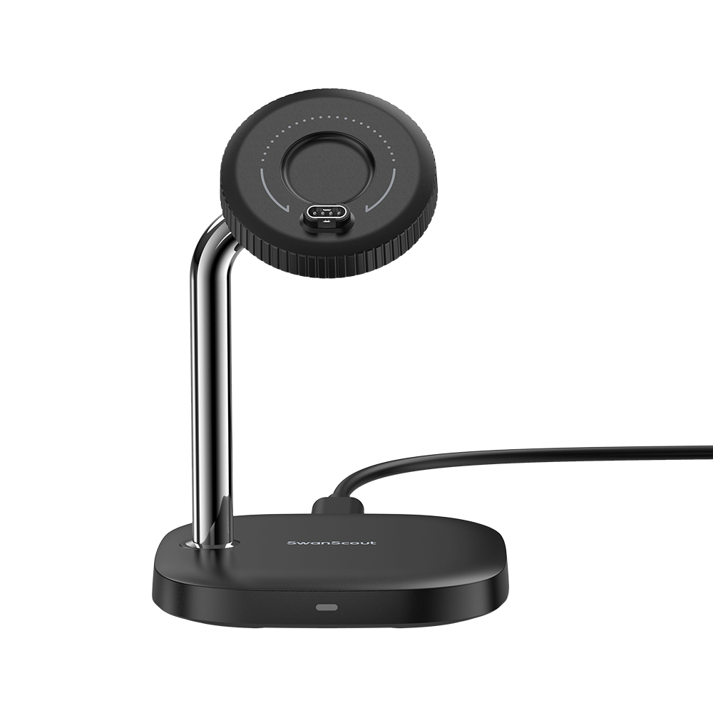 Front view of SwanScout 505GM highlighting the 90-degree rotatable charging connector for easy alignment with various Garmin watch models.