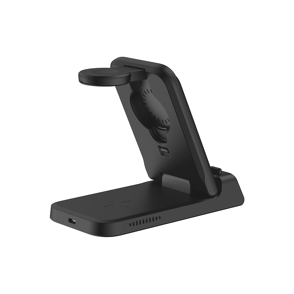 Rear 45 degree view of SwanScout 703A charging stand, illustrating the structural stability and professional finish for home or office desktop use.