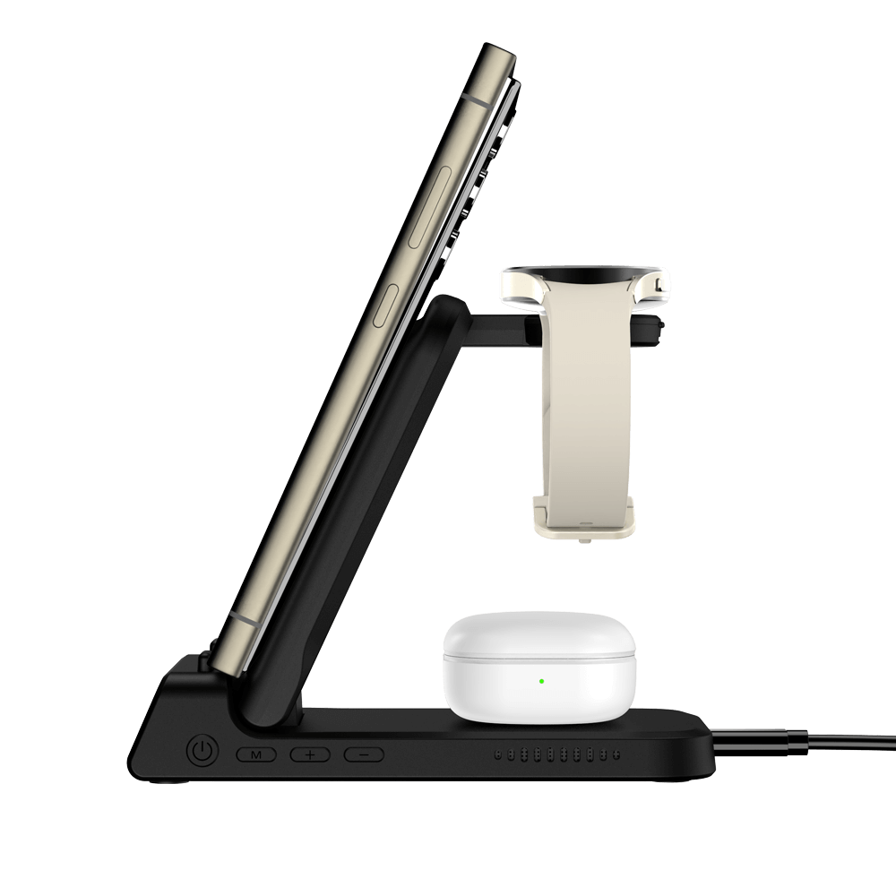 Side view of SwanScout 703S in black, charging a Samsung Galaxy Watch 8 and phone, highlighting its metallic paint finish and refined texture.