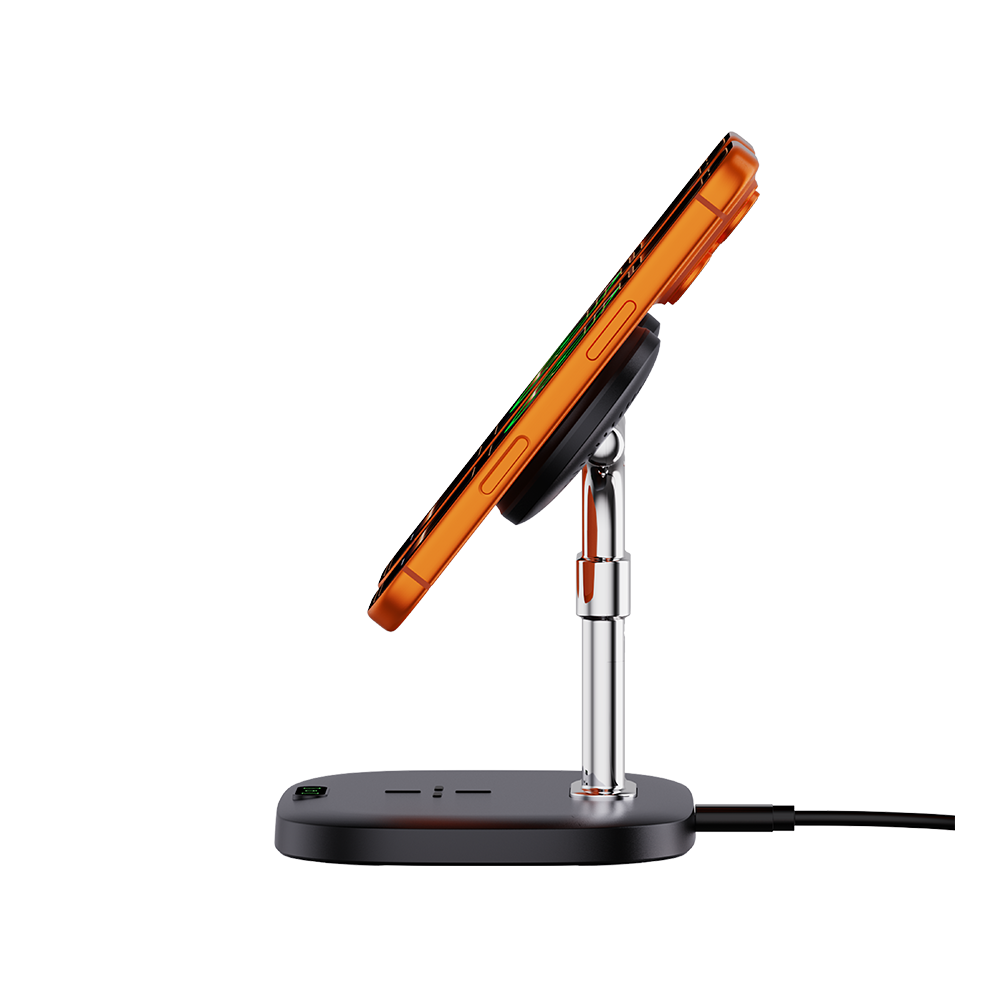 Side view of SwanScout 706M demonstrating the stable magnetic alignment for two iPhones, providing an ideal viewing angle while charging.