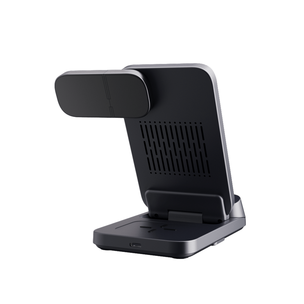 Side view of the unfolded SwanScout 708G2 showing the Pixel Watch 2/3 charging dock and the clock with 3 adjustable brightness levels.