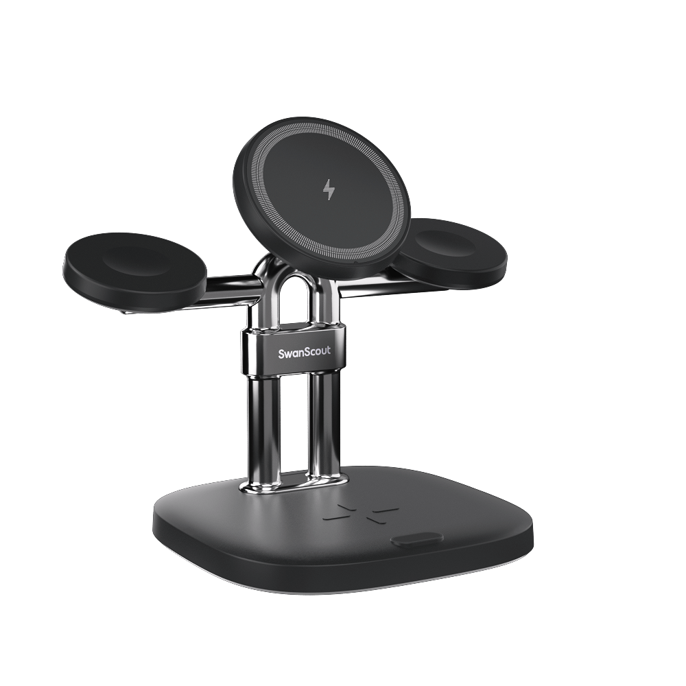 Front view of the black SwanScout 709M featuring N52 magnets for precise MagSafe alignment with iPhone 17, 16, and 15 series.