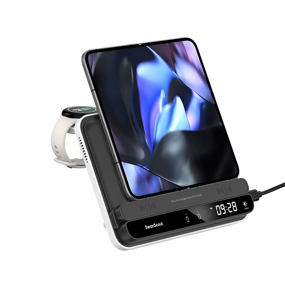 SwanScout 710FG2 charging station powering a Google Pixel 9 Pro Fold and Pixel Watch 3 simultaneously with a touch-controlled clock.