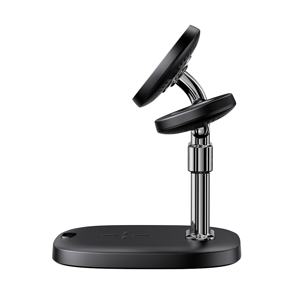 Side view of SwanScout 712M with iPhone in horizontal StandBy mode, highlighting the precise magnetic alignment and ergonomic viewing angle.
