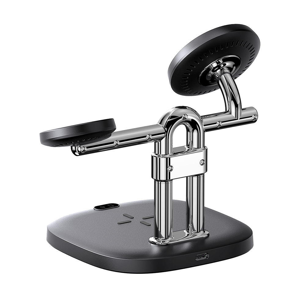 Rear-left view of the SwanScout 712SM, illustrating the clean cable management and sturdy stand structure for Samsung S25 and Z Flip 7.