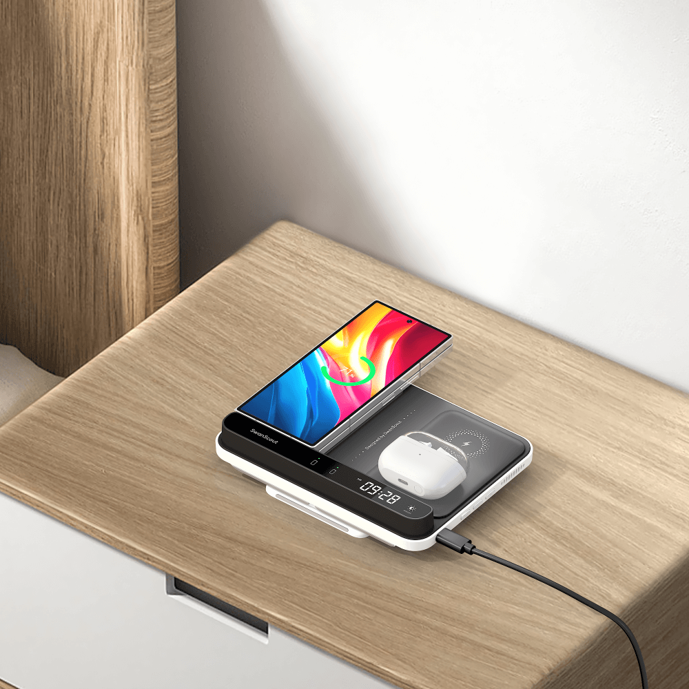 The SwanScout 504F serves as a clean, compact Galaxy Fold charging station, blending functionality with aesthetic design.