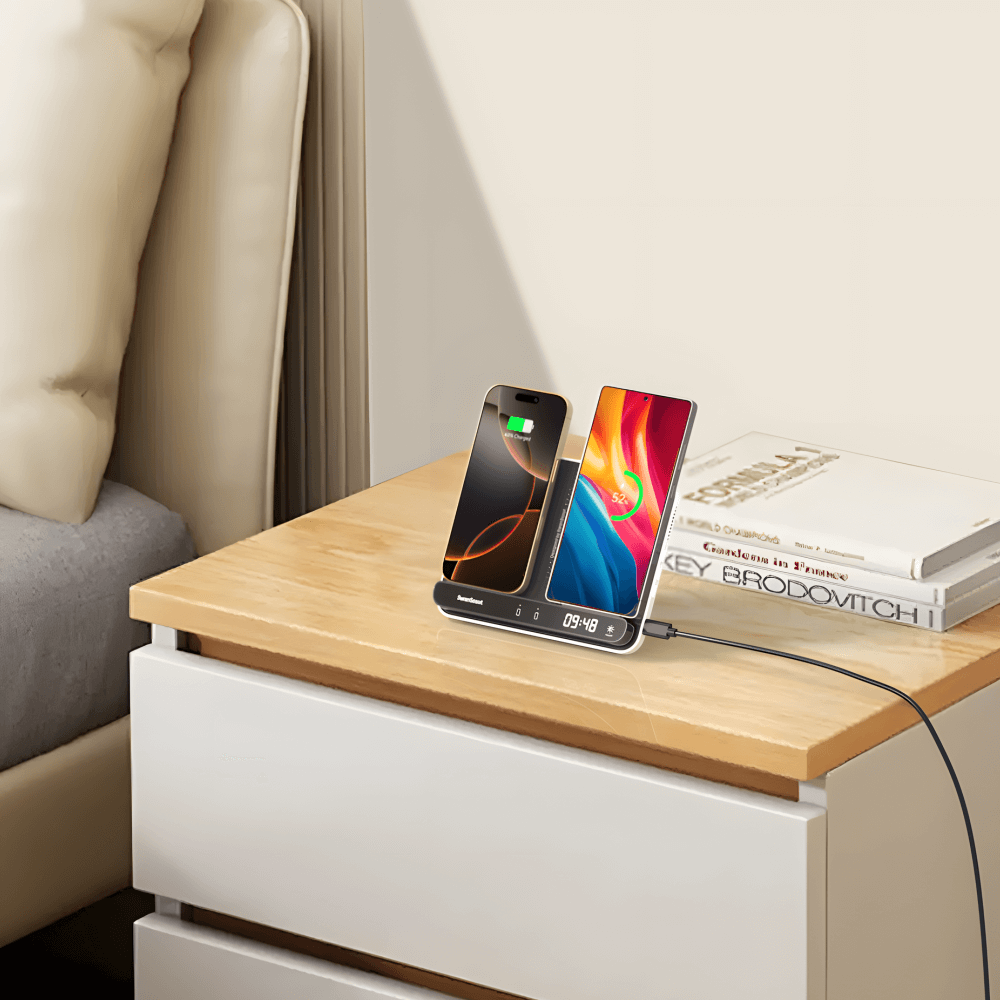 A portable wireless charger provides on-the-go power, perfect for travel or daily commutes without relying on outlets.