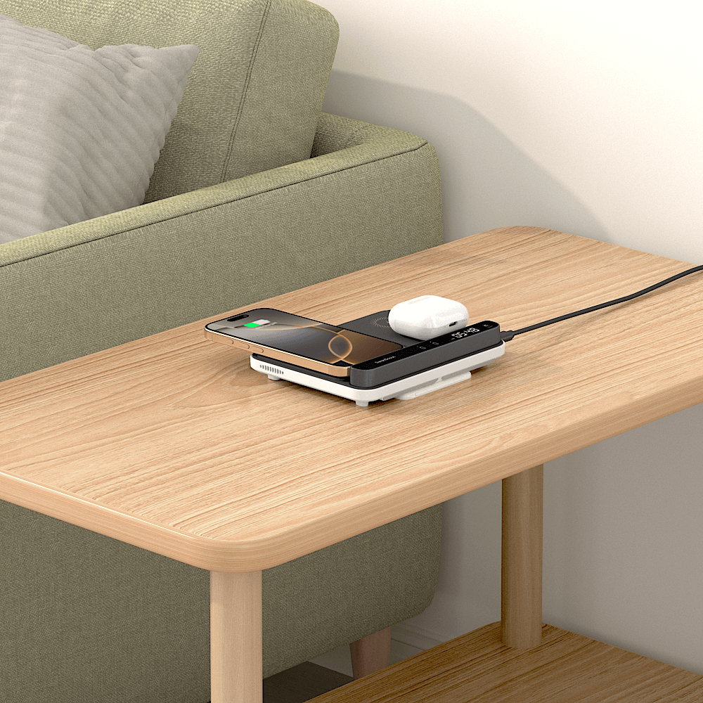 A wireless charging dock keeps your smartphone upright while charging, making it easy to check notifications at a glance.