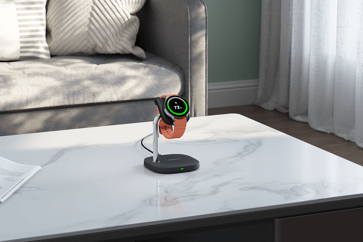 Charge your Samsung Galaxy Watch in style—SwanScout 505S offers an upright stand with fast wireless output.