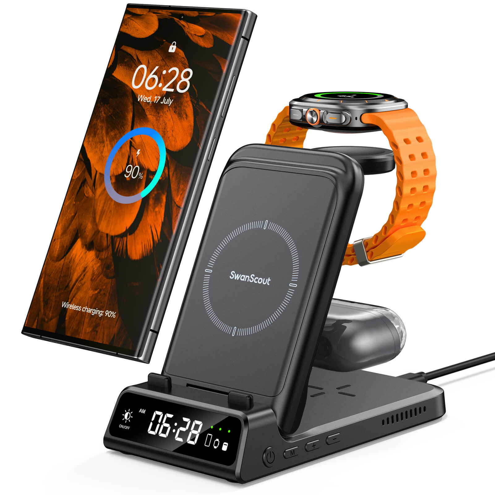 SwanScout 703S - 3-in-1 draadloze oplader voor Samsung met klok