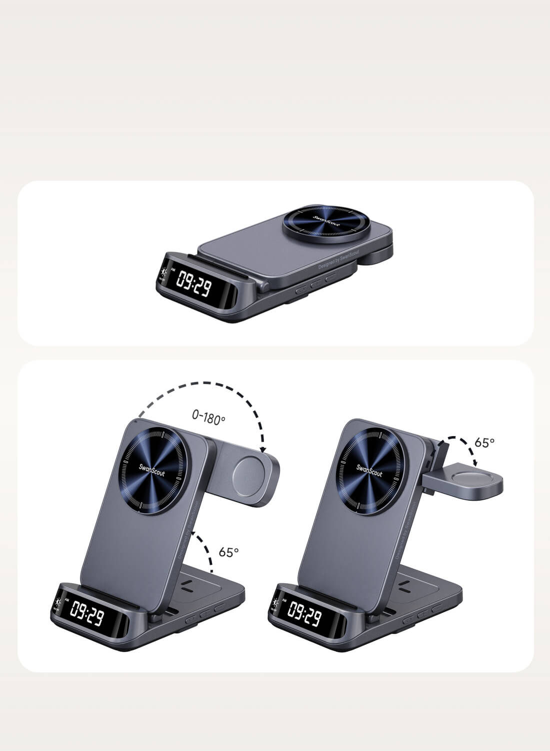 Adjustable folding angles of the SwanScout 708SM magnetic charger for Samsung devices